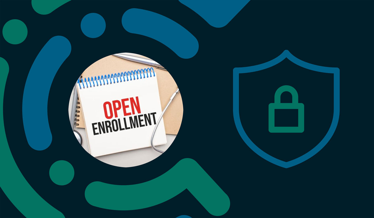 Open enrollment graphic next to a privacy shield / padlock icon